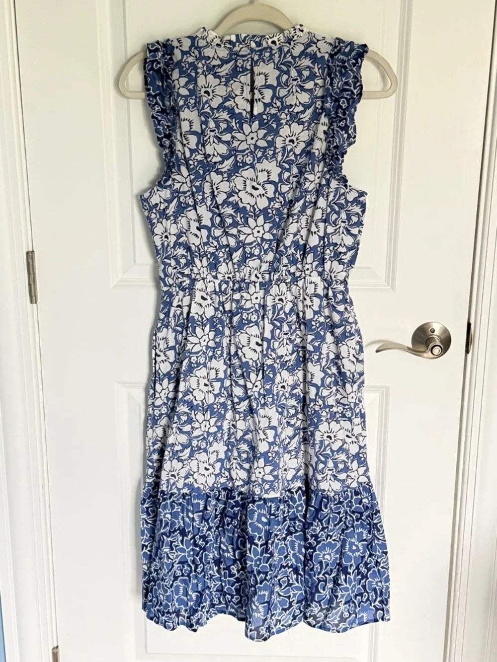 J.Crew Blue & White Ruffle-Sleeve Tiered Cotton Midi Dress Size 10 54953